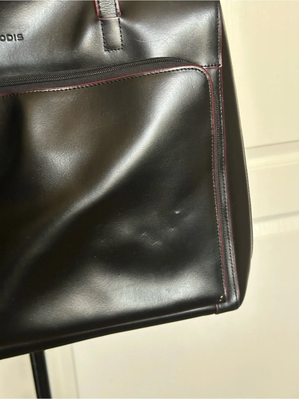 Lodis Black Leather Tote Bag with Red Trim